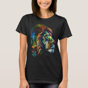 Lion Portrait Artwork Colourful Animal Flower Moti T-Shirt