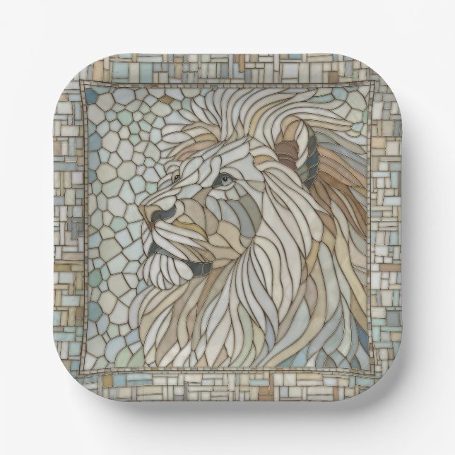 Lion Portrait Mosaic Art  Paper Plate (Front)