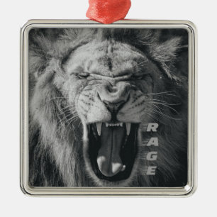 Lion Rage Black and White Roar Metal Ornament
