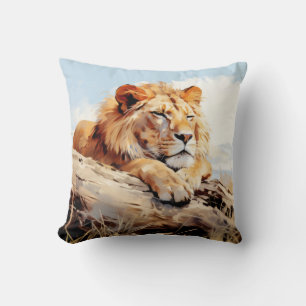 Lion Relaxing On Tree Trunk Animal Fun Happy Cool Cushion