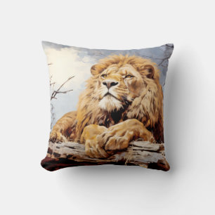 Lion Relaxing On Tree Trunk Animal Fun Happy Cool Cushion