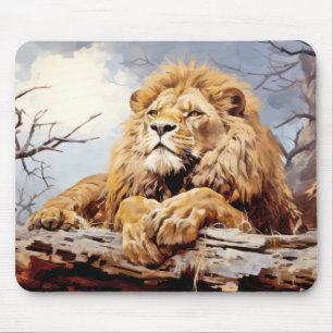 Lion Relaxing On Tree Trunk Animal Fun Happy Cool Mouse Pad