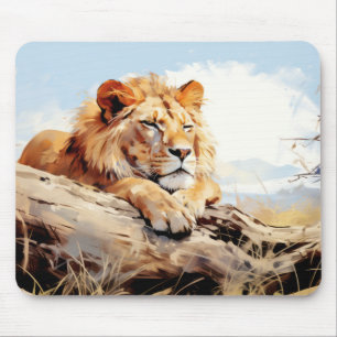 Lion Relaxing On Tree Trunk Animal Fun Happy Cool Mouse Pad