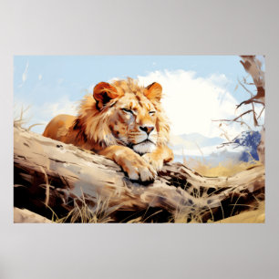 Lion Relaxing On Tree Trunk Animal Fun Happy Cool  Poster