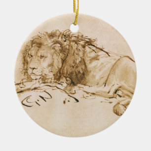 Lion Resting (pen and ink on paper) Ceramic Tree Decoration