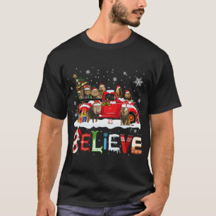Lion Riding Red Truck Christmas Tree Believe Santa T-Shirt
