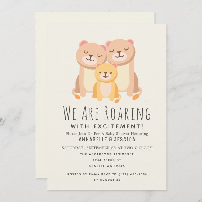 Lion Roaring Excitement 2 moms Baby Shower Invitation (Front/Back)