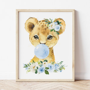 Lion, Safari, Blue Bubble Gum, Boy Nursery Poster