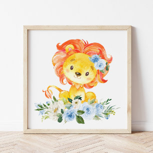 Lion, Safari, Jungle, Blue Flowers, Boy Nursery Poster