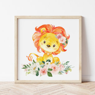 Lion, Safari, Jungle, Pink Flowers, Girl Nursery Poster