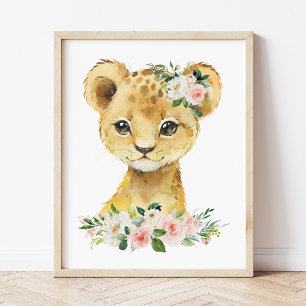 Lion, Safari, Jungle, Pink Flowers, Girl Nursery Poster
