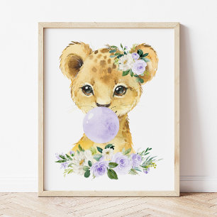 Lion, Safari, Purple Bubble Gum, Gender Neutral Photo Print