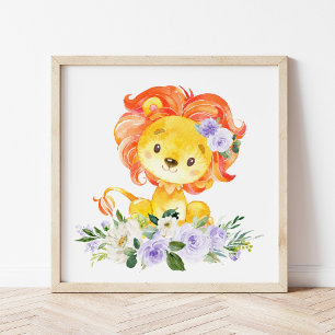 Lion, Safari, Purple Flowers, Gender Neutral Poster