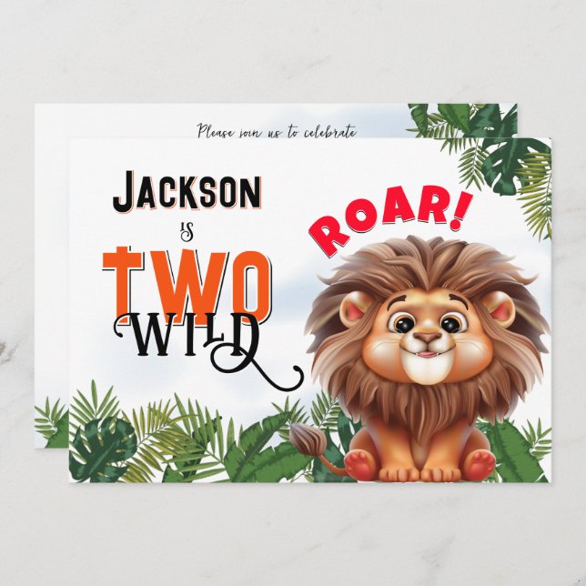 Lion Safari Two Wild Kids Birthday Party Invitation (Front/Back)