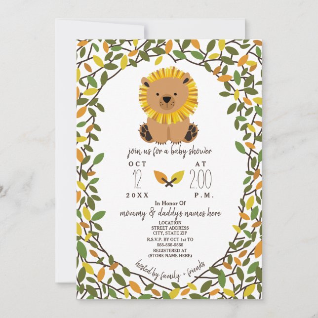 Lion Safari Vines Baby Shower Greenery Invitation (Front)
