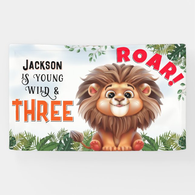 Lion Safari Wild & Three Kids Birthday Banner (Horizontal)