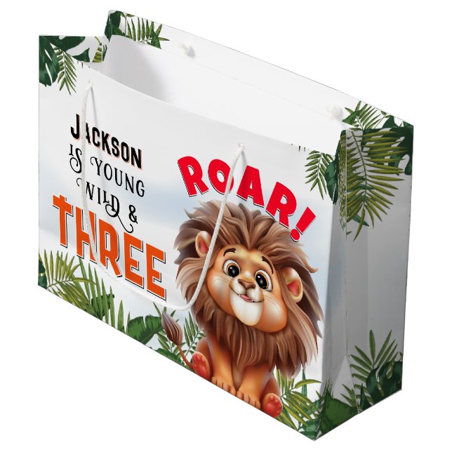 Lion Safari Wild & Three Kids Birthday Party Large Gift Bag (Front Angled)