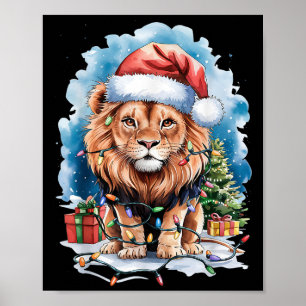 Lion Santa Hat Christmas Lights Watercolor Winter Poster