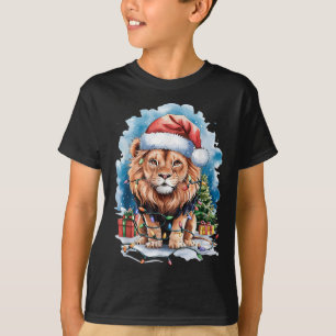 Lion Santa Hat Christmas Lights Watercolor Winter T-Shirt