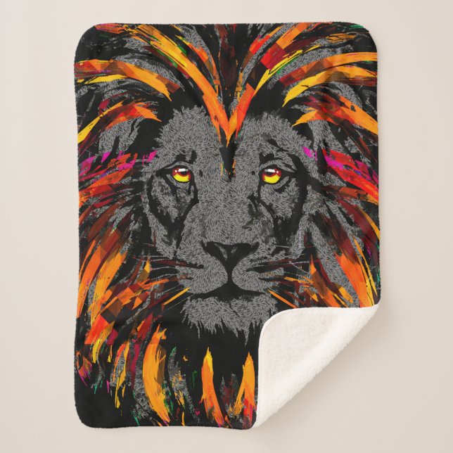 Lion Sherpa Blanket Orange Dark Lion Illustration (Front)