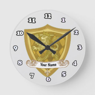 Lion Shield Family Crest Surname  Round Clock