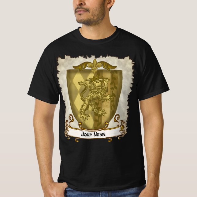 Lion Shield Family Crest Surname T-Shirt (Front)