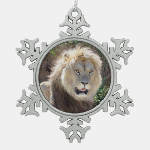 Lion sitting on the rocks snowflake pewter christmas ornament