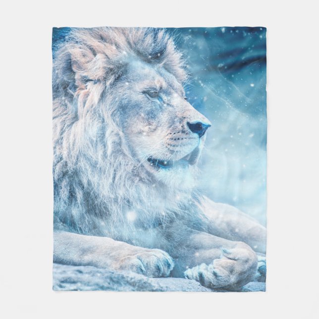 Lion snow lying down art animal fleece blanket (Front)