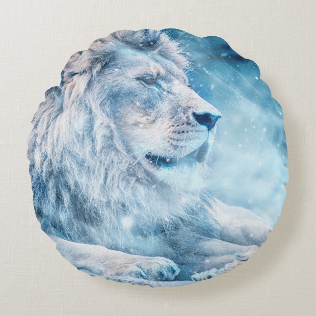 Lion snow lying down art animal round cushion (Front)