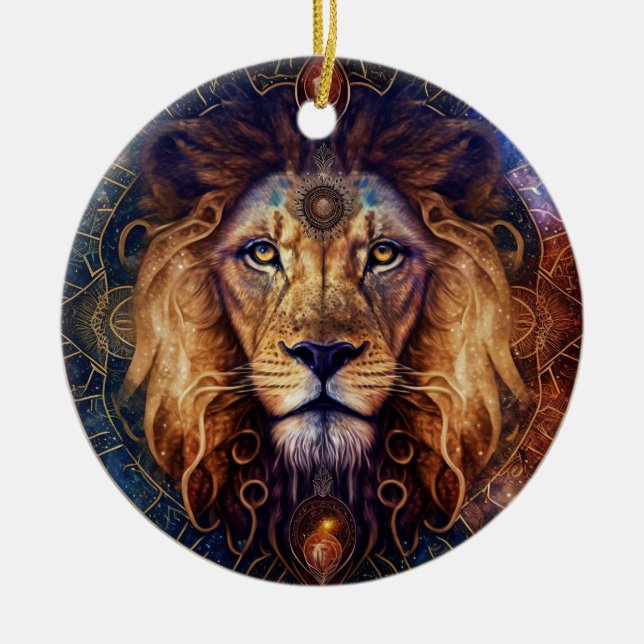 Lion Spirit Mandala Visionary Art Ceramic Ornament (Front)