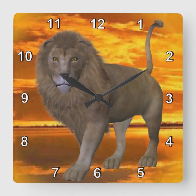 Lion Sunset Square Wall Clock (Front)