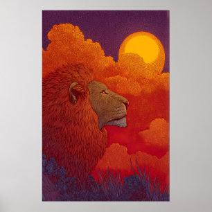 Lion Sunset Wall Art Fiery Mane, Circular Sun