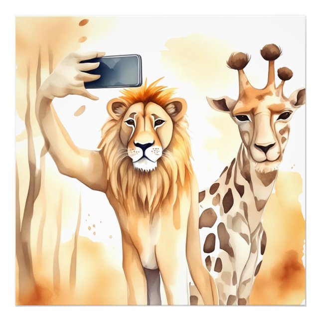 Lion taking selfie with giraffe photo print (Front)