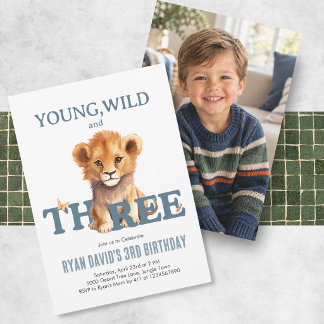 Lion Third Birthday Photo Invitation | Young Wild