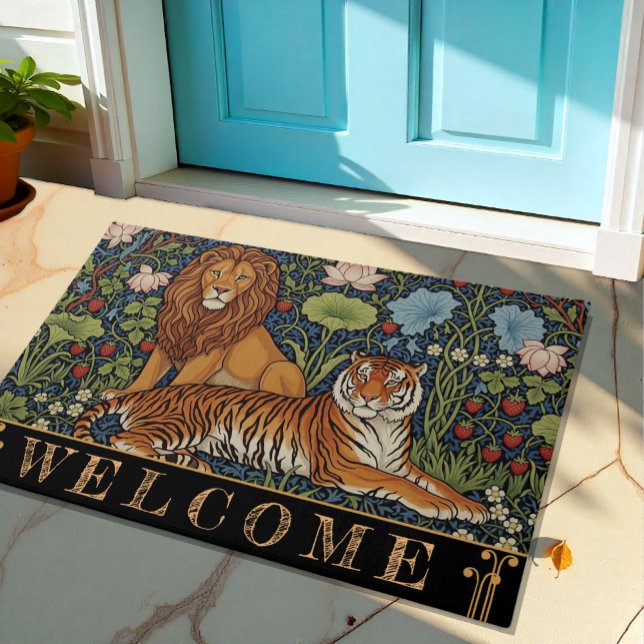 Lion & Tiger Art, Majestic Jungle, Lotus, Flowers Doormat (Creator Uploaded)