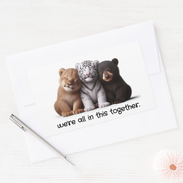 Lion, Tiger, & Bear Cubs Cuddling Best Friends Rectangular Sticker (Envelope)