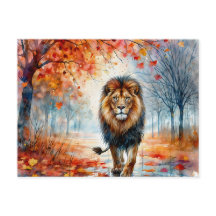 Lion Walking In Autumn Watercolor