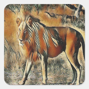Lion walking in the bushes square sticker