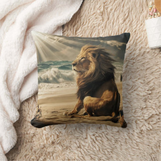 Lion watching waves on beach cushion