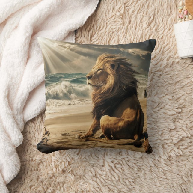 Lion watching waves on beach cushion (Blanket)