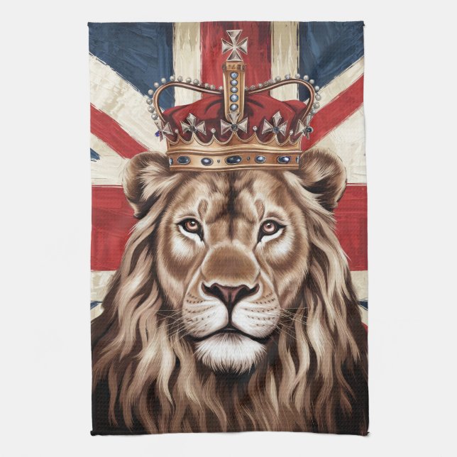 Lion Wearing a Crown British Flag Tea Towel (Vertical)