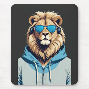 Lion Wearing Hoodie Funny Cool Animal Character Mouse Pad