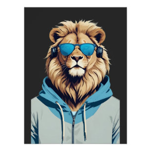 Lion Wearing Hoodie Funny Cool Animal Character  Poster