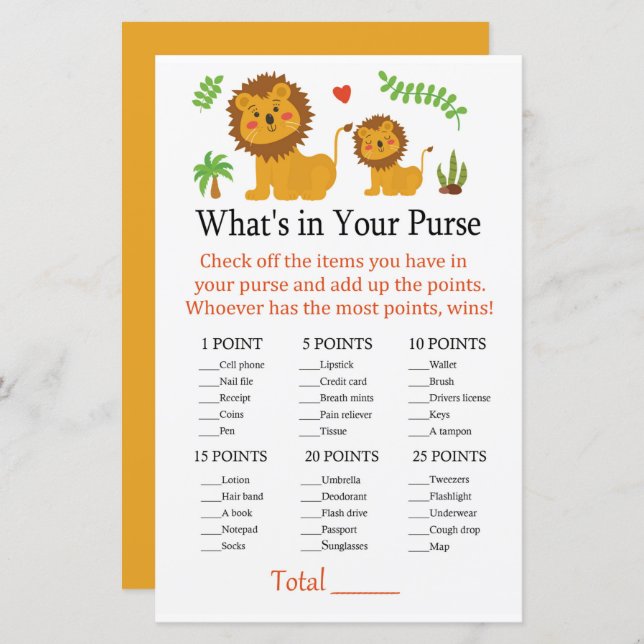 Lion What's in your purse game (Front/Back)