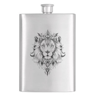 Lion Wild Animal Nature Illustration Art Tattoo Hip Flask