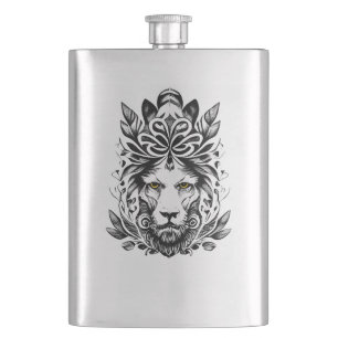 Lion Wild Animal Nature Illustration Art Tattoo Hip Flask