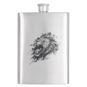 Lion Wild Animal Nature Illustration Art Tattoo Hip Flask