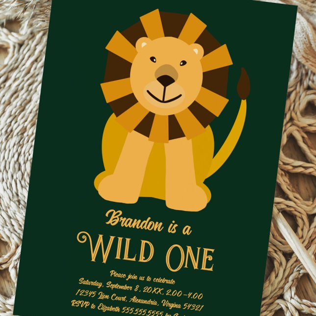 Lion Wild One First Birthday Gold and Green Invitation (Creator Uploaded)