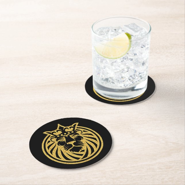 Lion With Crown - Gold Style 4 Round Paper Coaster (Insitu)