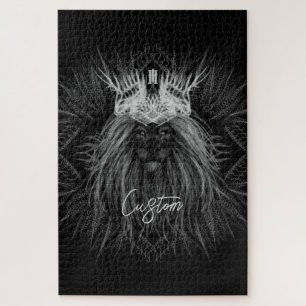 Lion with Crown Monogram Black Jigsaw Puzzle